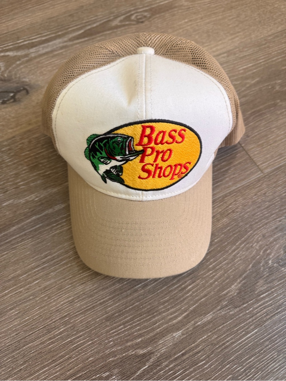 Bass Pro Shops Tan and White Mesh Patch Cap with Yellow Logo
